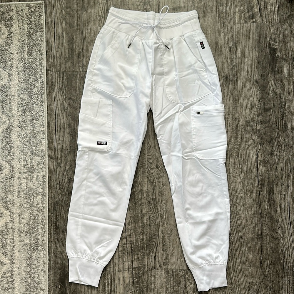 White greys anatomy spandex stretch drawstring cargo jogger scrub pants, XS.